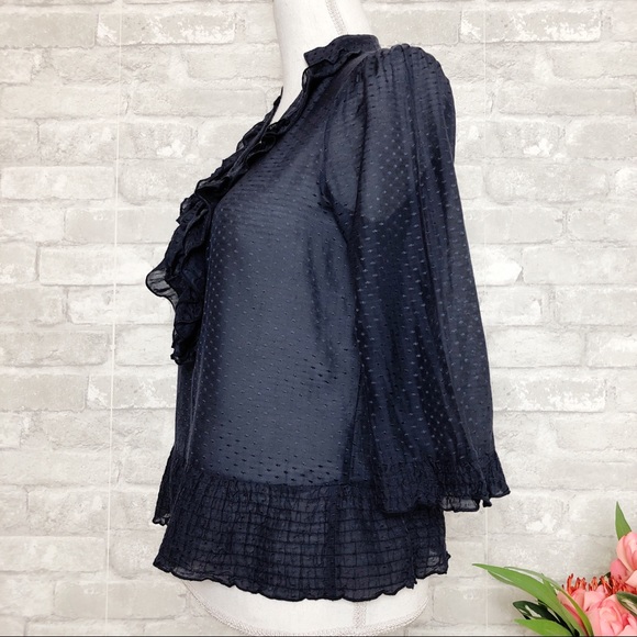 ANTHRO MOON COLLECTION Navy Silk Ruffle Blouse Sm - Picture 2 of 15